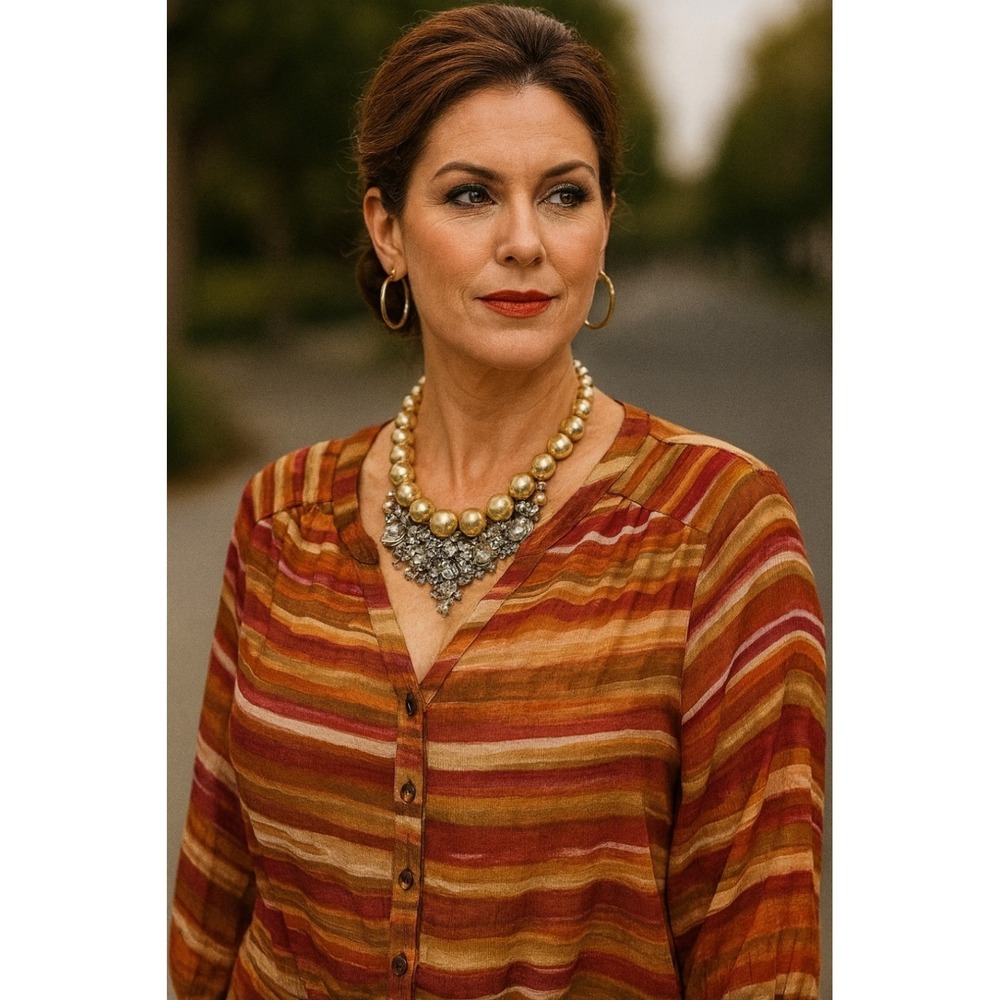 Dressbarn Woman 1X Rust Orange Striped Roll Tab Sleeve Tie Front Blouse Top